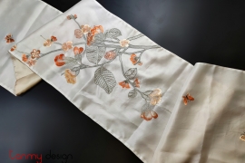 White organza silk scarf hand-embroidered with orchids 40*200 cm